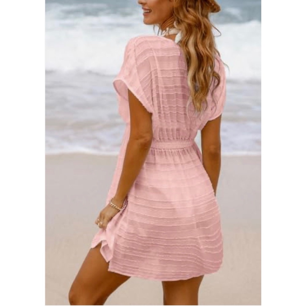 Cupshe‎ Pink Swim Cover Up Dress V Neck Short Sleeve Beach Pool Summer L